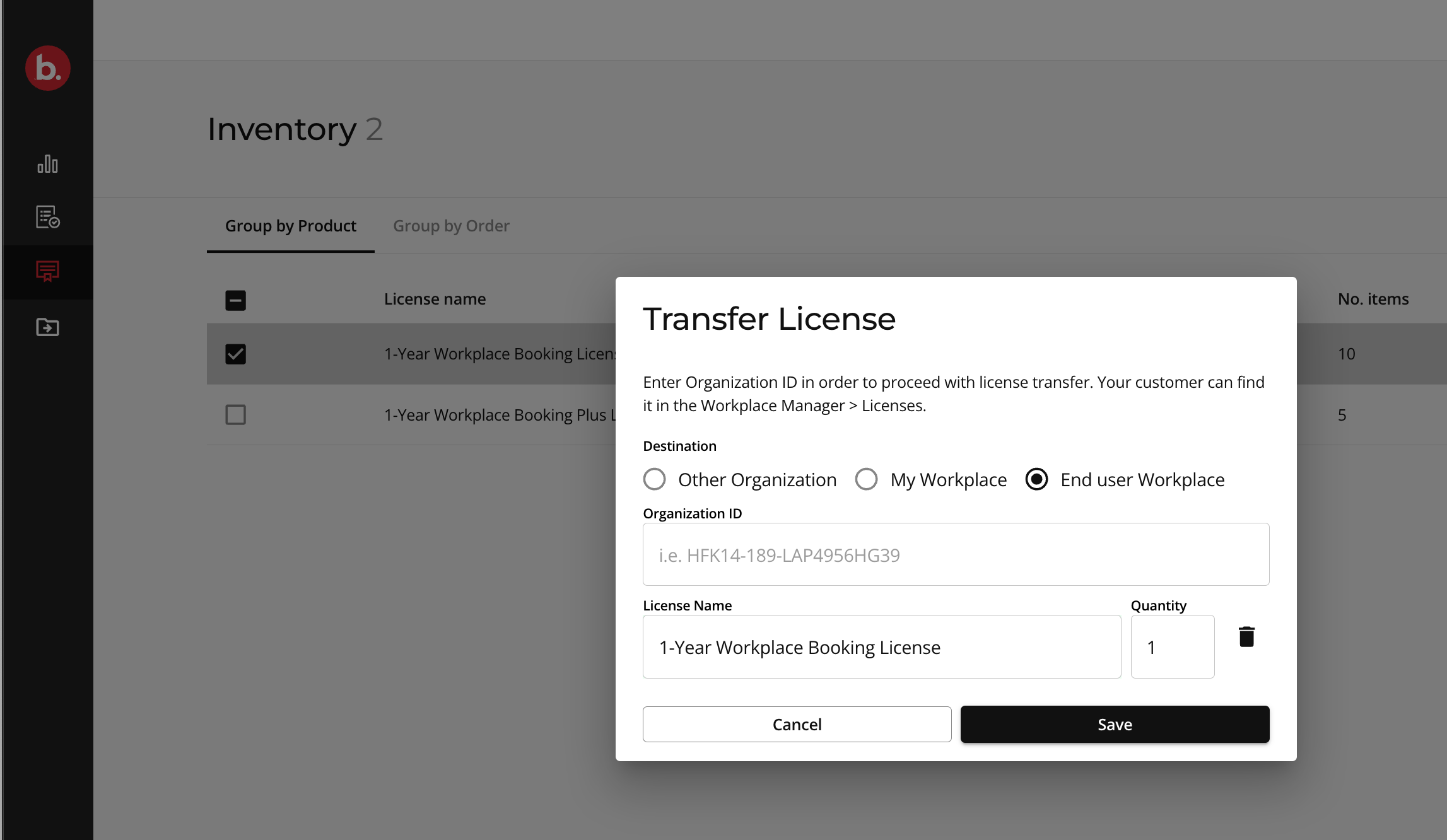 Transfer a license screen
